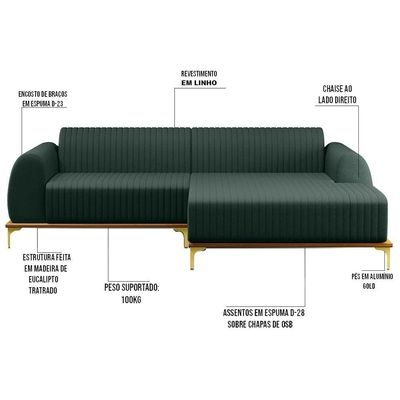 Sofá 230cm 4 Lugares Chaise Direito Pés Gold C-117 Verde