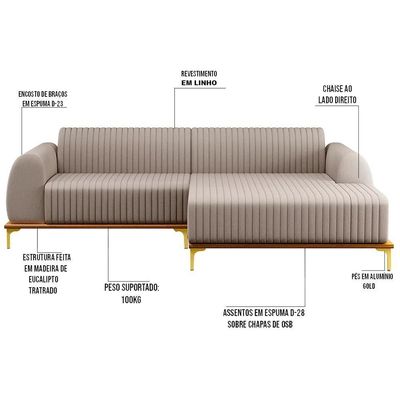 Sofá 265cm 4 Lugares Chaise Direito Pés Gold C-107 Bege