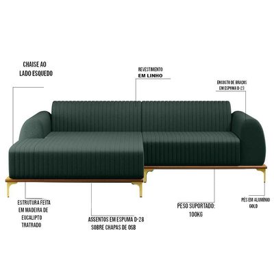 Sofá 255cm 4 Lugares Chaise Esquerdo Pés Gold C-117 Verde