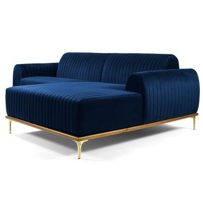 Sofá 265cm 4 Lugares Chaise Direito Pés Gold Azul Marinho
