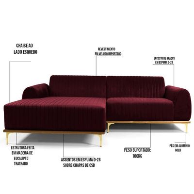 Sofá 255cm 4 Lugares Chaise Esquerdo Pés Gold B-278 Marsala