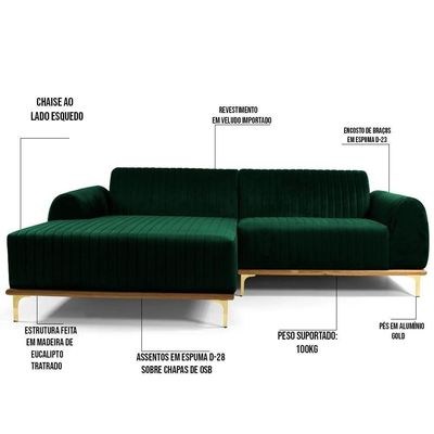 Sofá 350cm 6 Lugares Chaise Esquerdo Pés Gold Verde Musgo