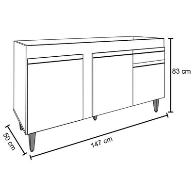 Balcão Gabinete Para Pia 150cm 3 Portas 1 Gaveta Preto/Cinza