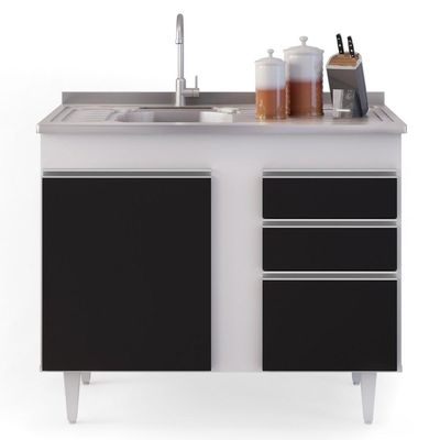 Balcão Gabinete 100cm 3 Portas 2 Gavetas Branco/Preto