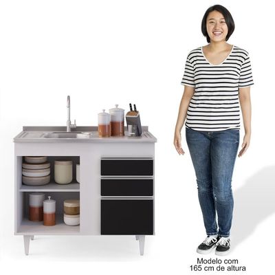 Balcão Gabinete 100cm 3 Portas 2 Gavetas Branco/Preto