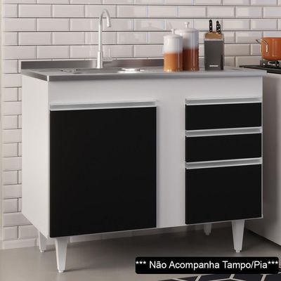 Balcão Gabinete 100cm 3 Portas 2 Gavetas Branco/Preto