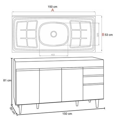 Balcão Com Pia Inox 150cm 4 Portas 2 Gavetas Branco