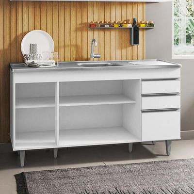 Balcão Com Pia Inox 150cm 4 Portas 2 Gavetas Branco