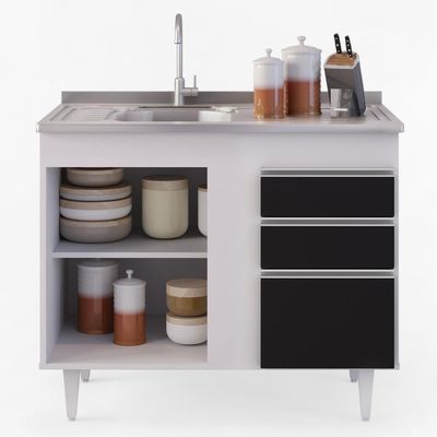 Balcão Gabinete 100cm 3 Portas 2 Gavetas Branco/Preto
