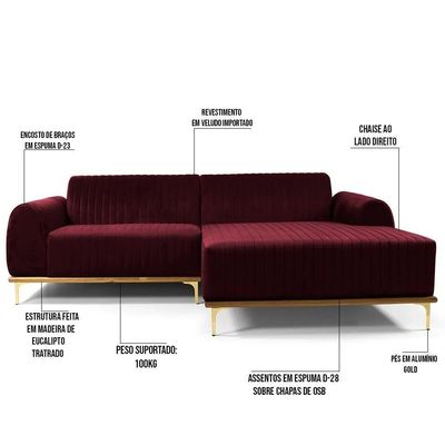 Sofá 350cm 6 Lugares Chaise Direito Pés Gold B-278 Marsala