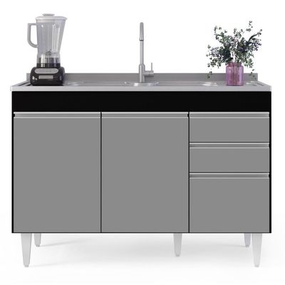 Balcão Gabinete 120cm 3 Portas 2 Gavetas Preto/Cinza