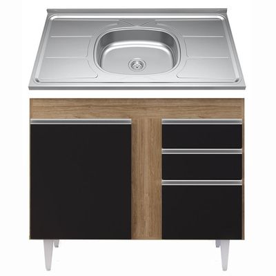Balcão Com Pia Inox 100cm 3 Portas 2 Gavetas Castanho/Preto