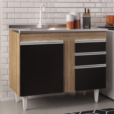Balcão Com Pia Inox 100cm 3 Portas 2 Gavetas Castanho/Preto