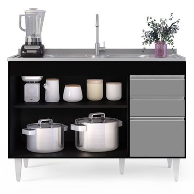 Balcão Gabinete 120cm 3 Portas 2 Gavetas Preto/Cinza