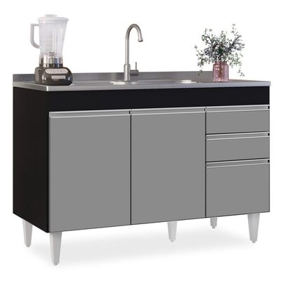 Balcão Gabinete 120cm 3 Portas 2 Gavetas Preto/Cinza