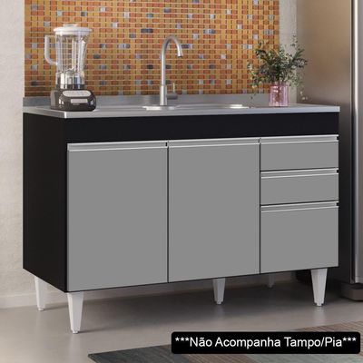 Balcão Gabinete 120cm 3 Portas 2 Gavetas Preto/Cinza
