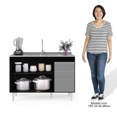 Balcão Gabinete 120cm 3 Portas 2 Gavetas Preto/Cinza