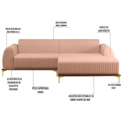 Sofá 245cm 4 Lugares Chaise Direito Pés Gold C-105 Rosê