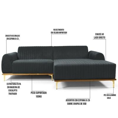 Sofá 320cm 5 Lugares Chaise Direito Pés Gold B-317 Cinza
