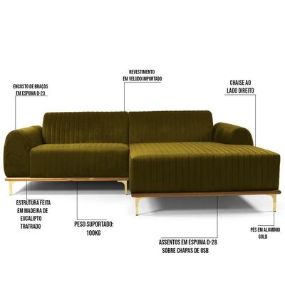 Sofá 230cm 4 Lugares Chaise Direito Pés Gold B-260 Mostarda