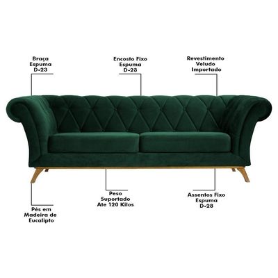 Sofá 210cm 3 Lugares Base Madeira Império B-303 Verde Musgo
