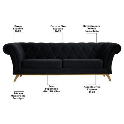 Sofá 180cm 3 Lugares Base Madeira Império B-300 Preto