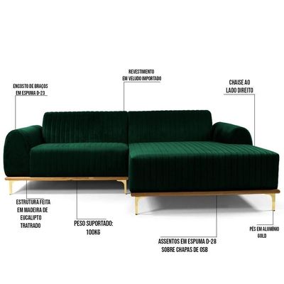 Sofá 230cm 4 Lugares Chaise Direito Pés Gold Verde Musgo