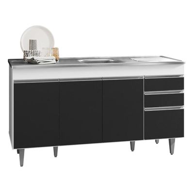 Balcão Com Pia Inox 150cm 4 Portas 2 Gavetas Branco/Preto