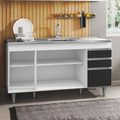 Balcão Com Pia Inox 150cm 4 Portas 2 Gavetas Branco/Preto