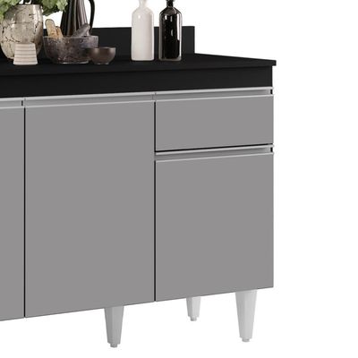 Balcão Gabinete 120cm 3 Portas 1 Gaveta Preto/Cinza