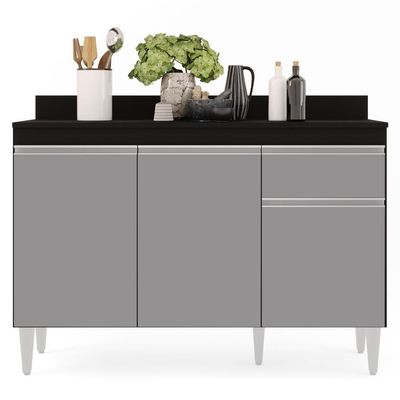 Balcão Gabinete 120cm 3 Portas 1 Gaveta Preto/Cinza