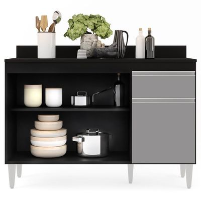 Balcão Gabinete 120cm 3 Portas 1 Gaveta Preto/Cinza
