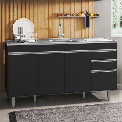 Balcão Gabinete Com Pia Inox 150cm 4 Portas 2 Gavetas Preto