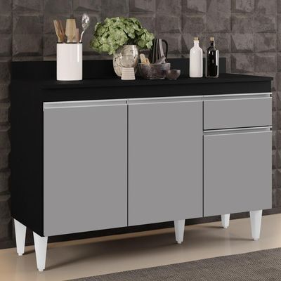 Balcão Gabinete 120cm 3 Portas 1 Gaveta Preto/Cinza