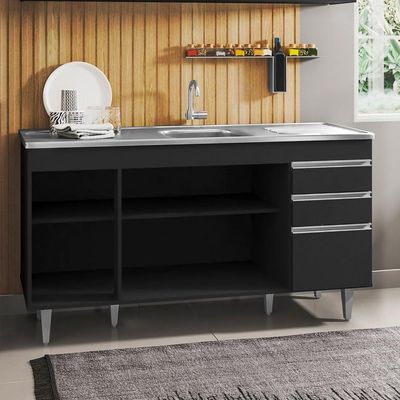 Balcão Gabinete Com Pia Inox 150cm 4 Portas 2 Gavetas Preto