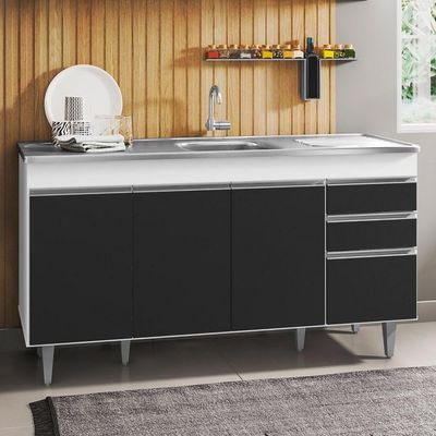 Balcão Com Pia Inox 150cm 4 Portas 2 Gavetas Branco/Preto