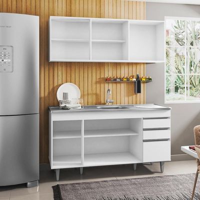 Armário Aéreo E Balcão Gabinete Pia Inox 150cm Branco