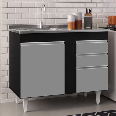 Balcão Com Pia Inox 100cm 3 Portas 2 Gavetas Preto/Cinza
