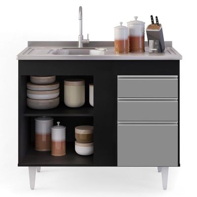 Balcão Com Pia Inox 100cm 3 Portas 2 Gavetas Preto/Cinza
