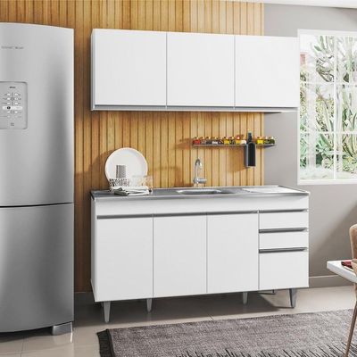 Armário Aéreo E Balcão Gabinete Pia Inox 150cm Branco