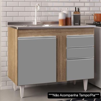 Balcão Gabinete 100cm 3 Portas 2 Gavetas Castanho/Cinza
