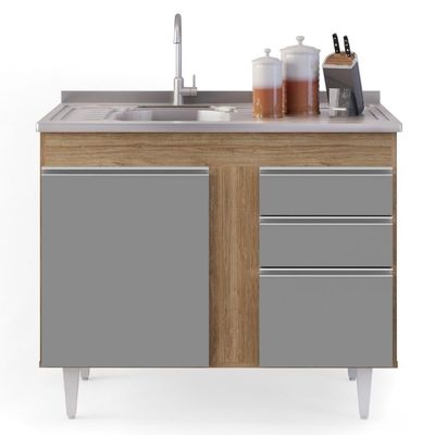 Balcão Gabinete 100cm 3 Portas 2 Gavetas Castanho/Cinza