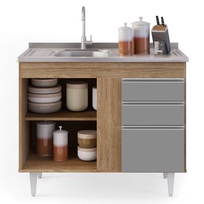 Balcão Gabinete 100cm 3 Portas 2 Gavetas Castanho/Cinza
