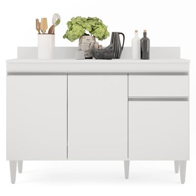 Balcão Gabinete 120cm 3 Portas 1 Gaveta Branco