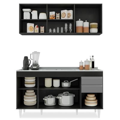 Armário Aéreo E Balcão Gabinete Pia Inox 150cm Preto/Cinza