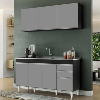 Armário Aéreo E Balcão Gabinete Pia Inox 150cm Preto/Cinza