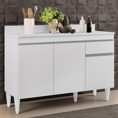 Balcão Gabinete 120cm 3 Portas 1 Gaveta Branco