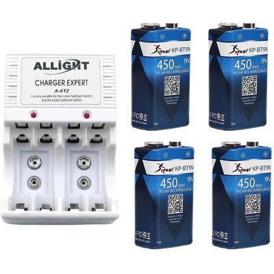 Kit Carregador De Pilhas/Bateria + 4 Baterias 9V Recarregaveis