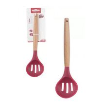 Colher Vazada De Silicone Vermelho Cabo Madeira 32 cm - Well