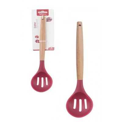 Colher Vazada De Silicone Vermelho Cabo Madeira 32 cm - Well